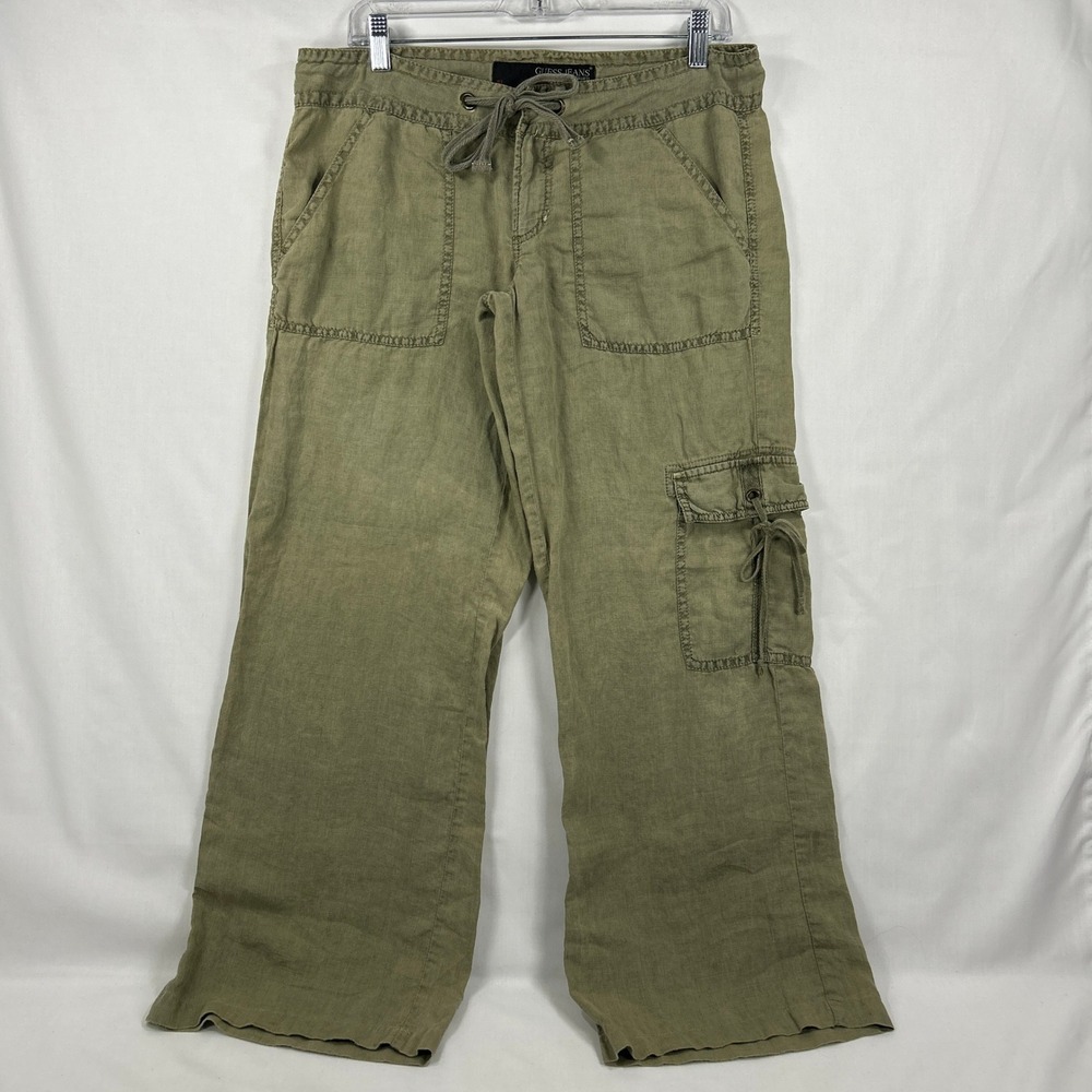 Guess Jeans Olive Green 100% Linen Cargo Pants Size M